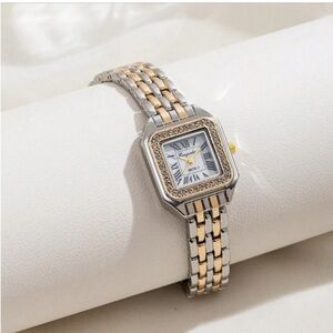 Luxurious Two Tone Chain Diamond Square Face Wrist Watch OS New